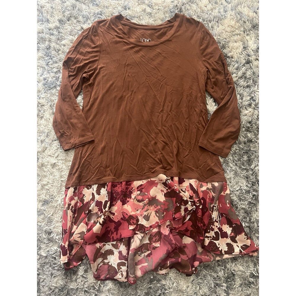 logo by lori goldstein Brown Floral Chiffon Tunic Blouse Sz Small Art To Wear